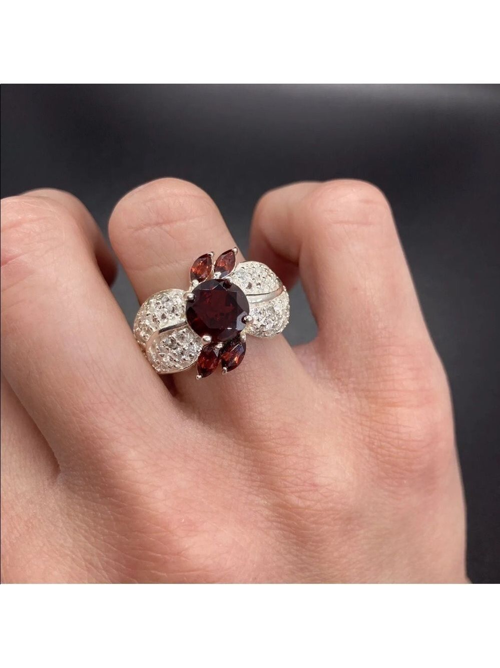 Garnet & White Topaz Sterling Silver Cocktail Ring - Picture 2 of 9